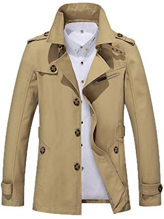 WSLCN Trenchcoat för män kort enkelknäppt lätt mellanlängd smal vindjacka bomullsjackor, Khaki, XL