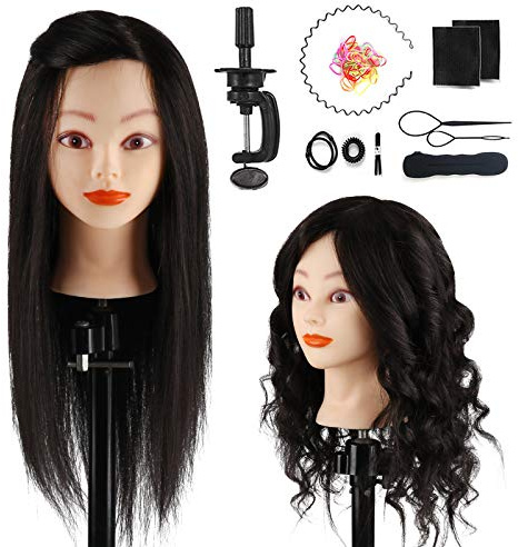 TopDirect Training Head 18inch 100% Real Hair Cosmetology Hairdressing Mannequin Manikin Doll with Table Clamp Holder + Braid Set, Black