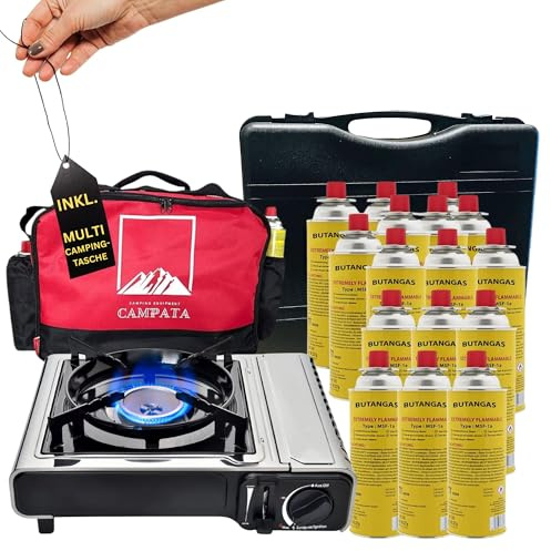 Clearfee Juego de hornillos de gas de acero inoxidable Deluxe, hornillo de camping portátil, cartucho de gas, hornillo de gas (hornillo de gas + 16 cartuchos de gas)