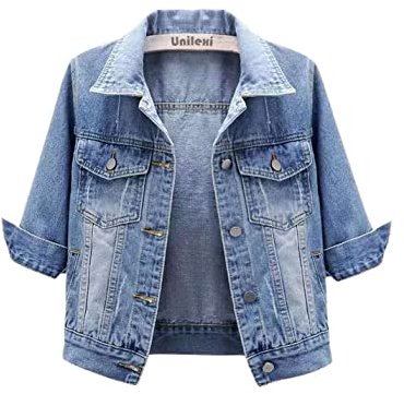 Unilexi Women's 3/4 Sleeve Colored Cropped Denim Jacket Light Wash Short Jean Jacket Trucker Coat(0096-LightBlue-XL)