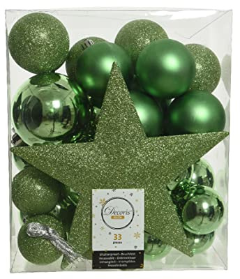 Kaemingk Weihnachtskugeln Kunststoff 5-8cm mit Christbaumspitze Stern 33er Set bruchsicher - Mistelgrün