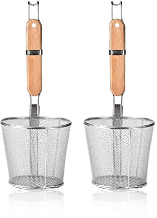 2 Pieces Pasta Strainer Basket Stainless Steel Fine mesh Pasta Strainer Basket with Wooden Handle Good for Boiling Food Spaghetti Dumpling (Dia 5.5inch/14cm)