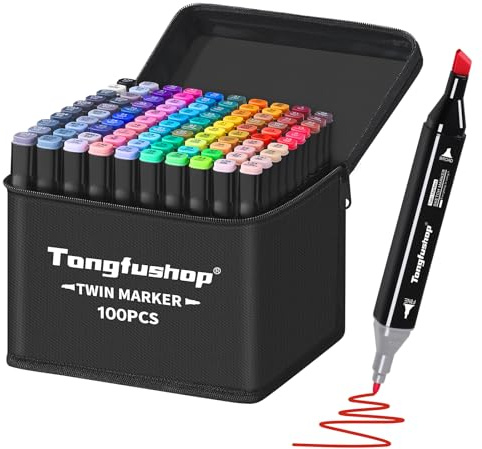 Tongfushop 100 Colored Marker Set, Colouring Pens for Adults, Dual Tip Alcohol Markers for Drawing, Sketching, Anime, Manga, Fun doodling, Felt Tip Pens with Carrying Case & Storage Base