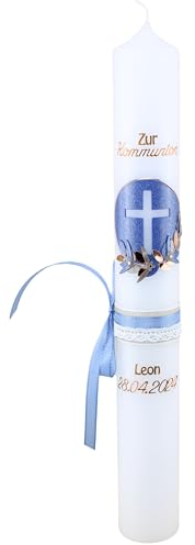 Cerziies® Kommunionkerze Benedikt Junge oder Mädchen mit Name und Datum, individuell und handverziert 1856, Kerzengröße :ca. 40x5