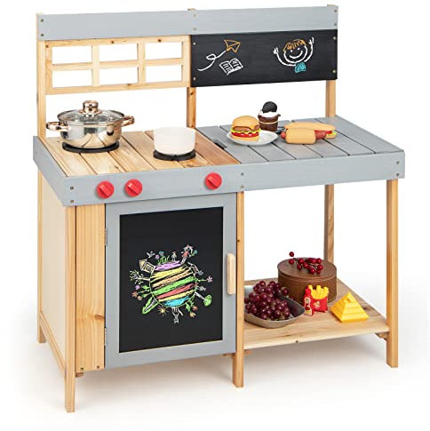 COSTWAY Matschküche Kinder Outdoor, Kinderküche mit Tafeln & beweglicher Arbeitsplatte & abnehmbarem Wassertank, Garten Küche Spielset aus Holz, Spielküche für Kinder ab 3 Jahren