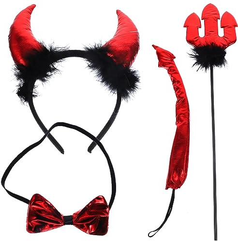Halloween djävulskostym set djävul horn pannband fluga gaffel djävul svans djävul kostym tillbehör för halloween cosplay djävul tema fest karneval maskerader