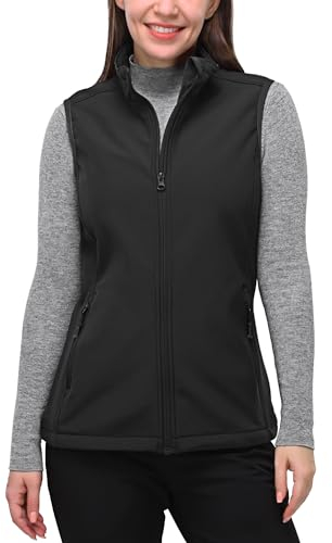 33,000ft Damen-Softshell-Weste mit durchgehendem Reißverschluss, Fleece-gefüttert, winddicht, Oberbekleidung, leicht, ärmellos, für Laufen, Wandern, Golf, Schwarz , 48