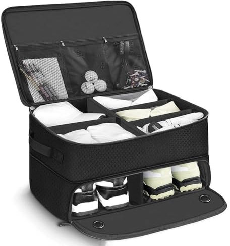Cachpib Golf Trunk Organizer and Travel Bag - 18 x 14 x 9 In Car Storage with 5 Separate Ventilated Compartment for Golf Accessories, Shoes and More - Black