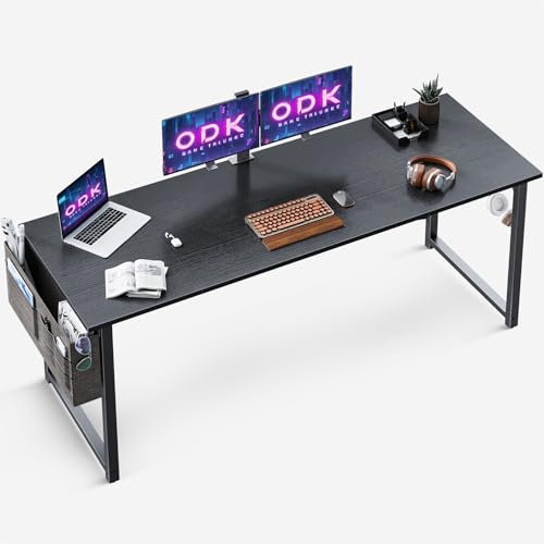 ODK Schreibtisch, 160x55x73,5cm Computertisch Schwarz Bürotisch mit Kopfhörer Halter und Aufbewahrungstasche, Arbeitszimmer Holz PC Tisch Officetisch für Home, Office