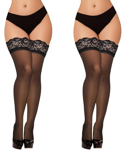 FEXPDL 2 Pairs Black Stockings for Women, Hold Ups Anti-skid Silicone Silk High Stocking With Black Lace (ONE SIZE)