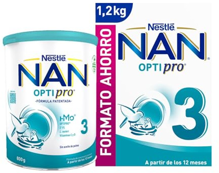 Nestle NAN Optipro- Mega Pack Leche de continuación en polvo fórmula Nan Optipro 3 800g LATA + Nan Optipro 3 1200g para bebés Estuche