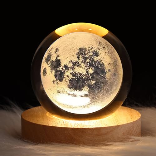 DRYFAL Luce notturna 3D a forma di alce con sfera di cristallo per bambini, lampada da notte con base in legno, decorazione fantasy, palla crsytal a LED, galassia, pianeta, luce notturna, idea regalo,