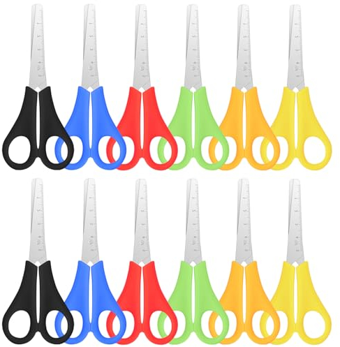 Dokeno 12 Stück Kinderscheren Set, 13 cm Klein Büroschere mit Skala, Runde Spitze Schere für Rechtshänder und Linkshänder Bastelschere Papierschere Anfängerschere aus Rostfreiem Stahl (6 Farben)