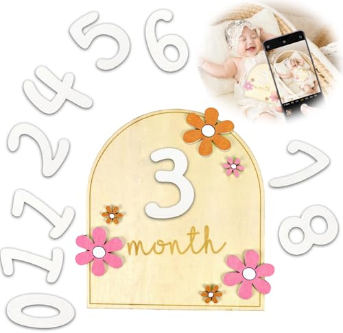 Fosoloni Tarjetas de hitos de madera para bebé, tarjetas de hitos para bebés, equipamiento para bebés, tarjetas de hitos con 12 números de mes intercambiables para baby shower, registro de