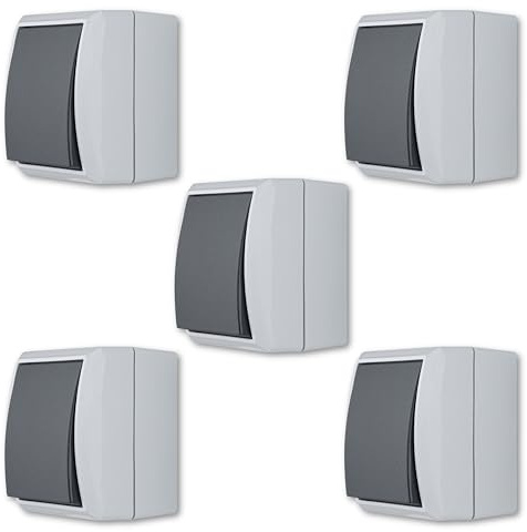 REV AquaForm SPARSET - 5x Taster - Wippschalter, Feuchtraum IP44, Tastschalter Aufputz, grau