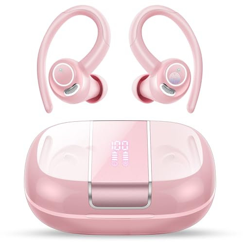 VKROBAG Wireless Earbuds, Bluetooth 5.3 Headphones with ENC Noise Canceling Mic, 48H Sport Ear Buds with Earhooks, 3D Stereo, LED Display, IPX7 Waterproof Wireless Earphones for Gym, Running, Pink
