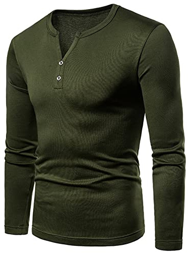 Camisas Henley para hombre, camisetas de manga larga para otoño, estilo casual, con botones, cuello en V, ajustadas, blusas clásicas de algodón, Ejercito Verde, S
