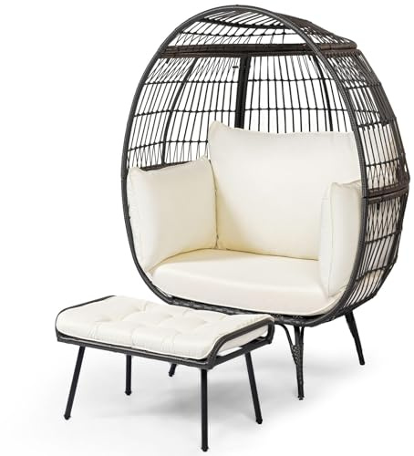FANTASK Fauteuil à œufs surdimensionné avec Tabouret, Fauteuil en rotin XXL, canapés de terrasse avec méridienne, pour Balcon, Jardin, terrasse