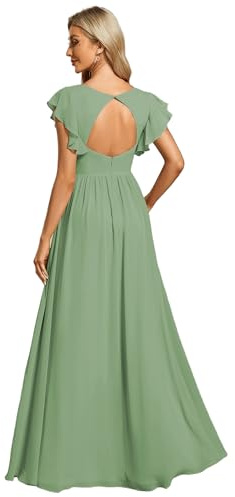 Ever-Pretty Robe de Soirée Dos Nu pour Femme Manches Volantées Mousseline Col V Plissé Robe de Demoiselle d'honneur Longue Élégante ES01818