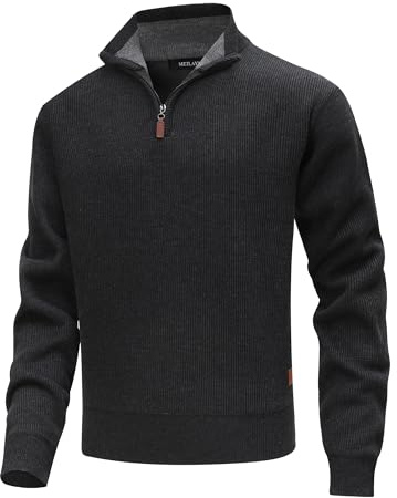 MeiLayM Pull Homme en Tricoté 1/4 Zip Pullover Col Montant Sweater d'hiver Chaudes Pulls Doublé de Polaire Pull-Over Pullover Slim fit Manches Longues Gris,M