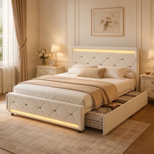 BRILVERDE Letto imbottito 140x190 con Contenitore, letto matrimoniale con USB e LED, letto con 4 cassetti, con testiera, struttura letto con rete a doghe, Velluto (Beige, 140x190 cm)