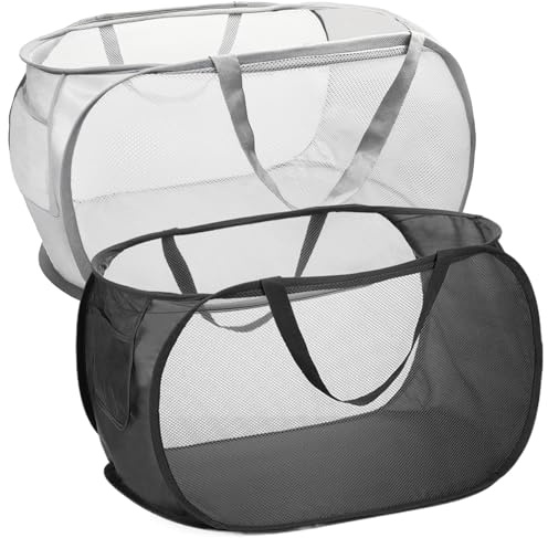 Qaestuan 2 Pezzi Cesto Portabiancheria, Cestos Portabiancheria Pieghevole, Laundry Basket in Rete, Cesto Portabiancherias con Manici Tasche Laterali, per Camera da Letto, Bagno, Vestiti
