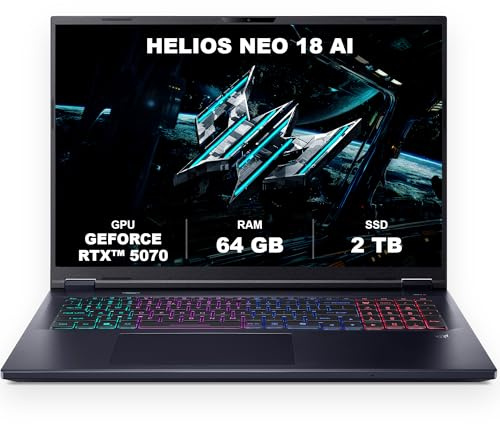 Acer, Predator Helios Neo 18 AI, Gaming Laptop, 18 inches, WQXGA 240 Hz IPS Display, Intel Core Ultra 9 275HX, 64 GB RAM, 2 TB SSD, NVIDIA GeForce RTX 5070, Windows 11 Home, Black, PHN18-72