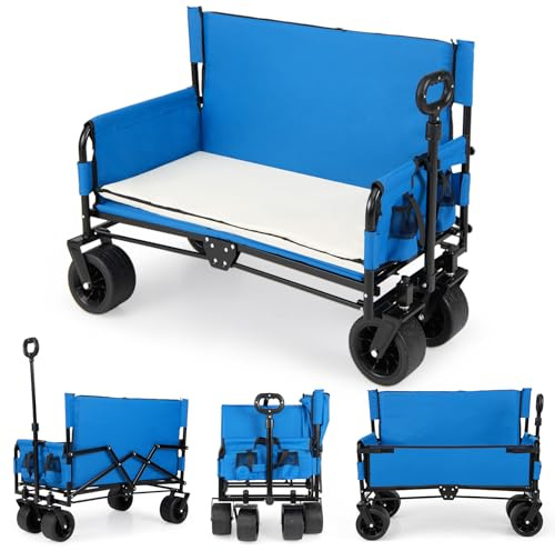 COSTWAY 2 i 1 vikbar bollervagn med sittbänk, strandvagn med justerbart handtag, kudde och sidofickor, handvagn upp till 80 kg belastning, trädgårdsvagn, transportvagn för camping, shopping (blå)