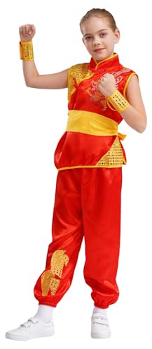 inlzdz Kids Boys Girls Satin Kung Fu Costume Short Sleeve Dragon Print Top With Pants Belt & Cuffs Red 7-8 Years