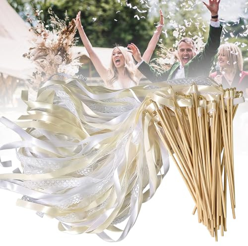 50 bacchette da parete per matrimonio, stelle filanti, per matrimonio, con campanelle e nastri in pizzo e raso, per matrimoni, compleanni, feste, feste