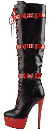Richealnana Women's Platform Lace Up Round Closed Toe Side Zipper High Heel Knee High Boots Stiletto Heel Adjustable Buckles Boots PU Black and Red Size 8