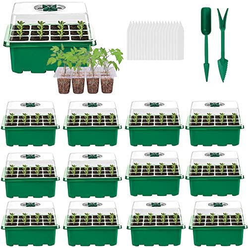 VDYXEW Vassoi per semi, vassoio per piantine (12 celle per vassoio), kit di germinazione delle piante regolabile con umidità e mini serra con cupola e base per etichette per piante, kit di attrezzi