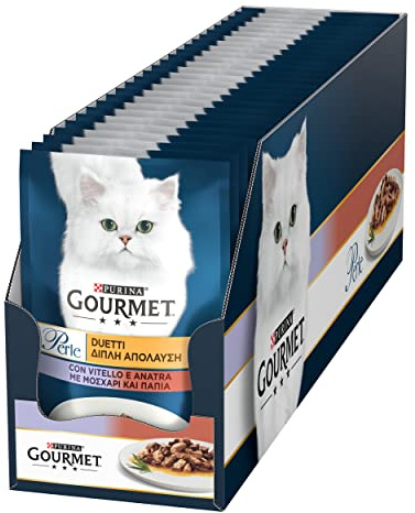 GOURMET Perle Duetti Cibo Umido per Gatti Adulti Filettini con Vitello e Anatra 26 Buste da 85g