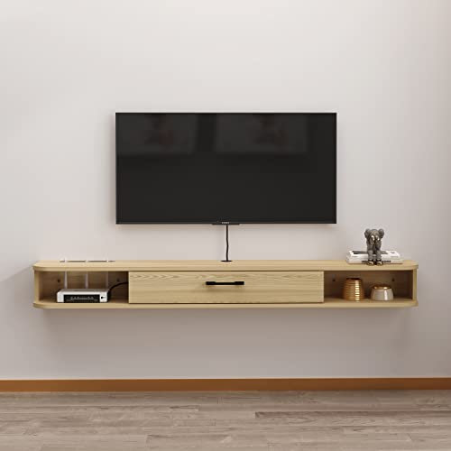 Pmnianhua Floating TV Console, Floating TV Unit wall mounted Entertainment Wall Shelf TV Cabinet Media Console with Door and Storage for Home Office (140cm, Light Oak)