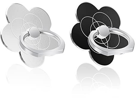 Cobee Blumen-Fingergriff Ständer, 2 Stück Handy-Halterung, 360° Drehbar 180° Klappbar Universeller Metall-Fingerhalter, Smartphone-Kickstand (Schwarz + Silber)