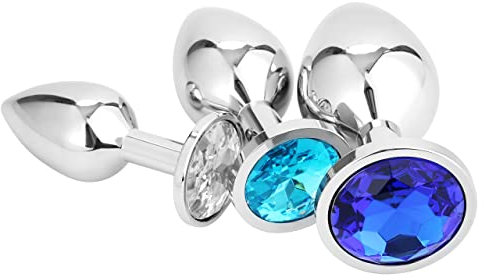 Belmalia 3x Metal Anal Plug | Butt Plug Ice Blue Crystal | Pure Pleasure in 3 Sizes for Women, Couples, Men | Anal Toy Set Silver