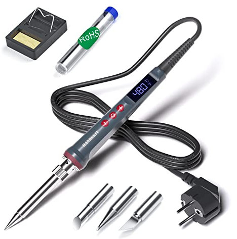 HANDSKIT Fer à souder 220V 200W avec écran LED, température réglable 180°C-480°C, 3 pointes, support mini, fil de soudure, calibration, fonction mémoire, bascule °C/°F, outils soudage électronique