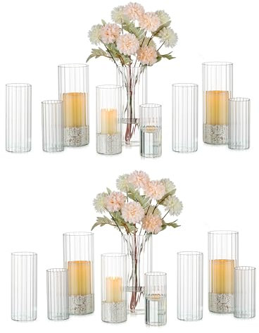 Glasseam Ribbed Glass Candle Holder, Cylinder Candle Holders for Pillar Candles, Clear Hurricane Candle Holder Set of 6, Decorative Floating Candle Vases for Centerpieces Wedding Table Decorations