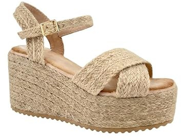 MODELISA- Sandalia Plataforma Alpargata Cuña Hebilla Tobillo Esparto Mujer (Beige, 40)