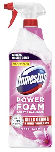 Domestos Power Foam Floral Burst Toilet & Bathroom Cleaner Spray sprays upside down & eliminates 99.99% of germs* for cleaning inside the toilet & around the bathroom 650 ml