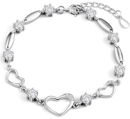 Hinvan Bracciale in Argento Sterling 925 Bracciale Argento Donna Bracciale Cuore Argento Braccialetto Cuore Regolabile Bracciale da Donna Bracciali Argento con Zircone Bracciale per Donna Ragazze