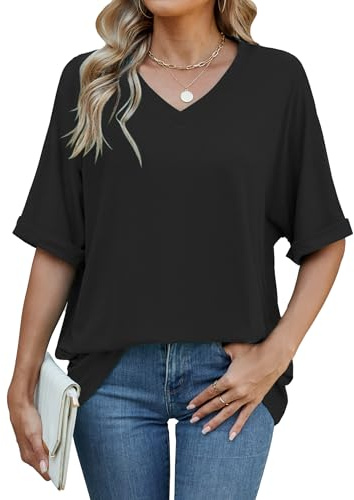 Famulily Women's Summer T Shirt Short Sleeve Top Casual V Neck Black Tee Shirt for Women Loose Fitted (XXL, Black)