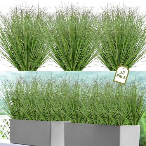 UXORSN 32 Bundles Artificial Plants Onion Grass Outdoor 20 Inch Tall Fake Shrubs Wheat Grass UV Resistant Greenery Stems Faux Bushes Plant for Indoor Outdoor Garden Office Home Decor, Green