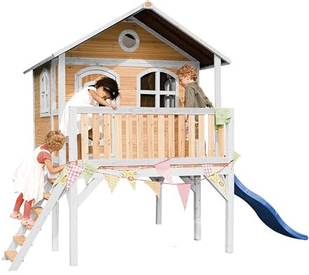 AXI Sophie Casa Bambini con pavimento e scivolo blu | Casetta da giardino/da esterno in marrone e bianco in legno FSC | Attrezzature ludiche per bambini