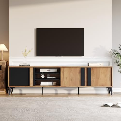 BTM 180cm TV Cabinet, TV Stand for up to 80 Inch TV, TV Table with 3 Cabinets and 3 Open Shelves, 40x180x50cm, Brown and Black