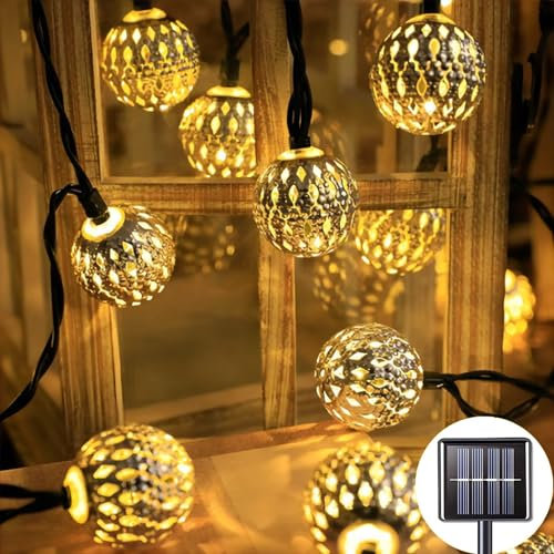 AONAT Guirlande Lumineuse Solaire Marocaine 7M 50 LED Blanc Chaud, IP65 Étanche avec 8 Modes – Guirlande Extérieure pour Jardin, Terrasse, Balcon, Mariage et Noël