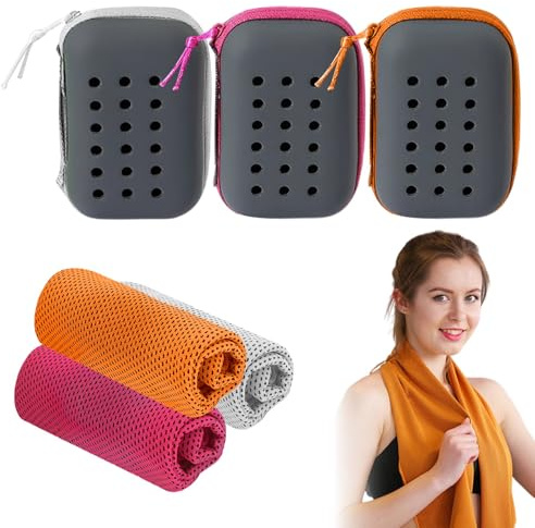 HXSYKJDM 3 Pack Cooling Towel, Gym Towels, Breathable Instant Towels Soft Microfiber with Portable Silicone Sleeves, Quick Drying Cool Neck Towel for Sport (Purple Red Orange)