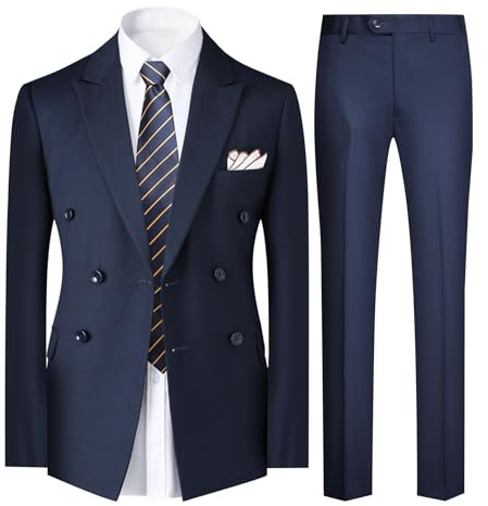 YFFUSHI Costume Homme 2 Pièces Regular Fit Double Boutonnage Revers Cran Pointu pour Mariage Affaires Blazer Pantalon, Bleu Marine, XXL