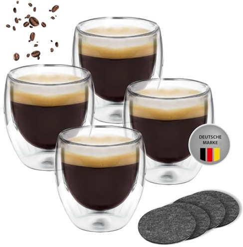 Zobel Espressotassen 80ml | 4er Set doppelwandige Espressogläser aus Borosilikatglas inkl. Filzuntersetzer | Spülmaschinenfest & hitzebeständig | Schwebeeffekt