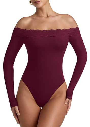REORIA Women's Sexy Off the Shoulder Long Sleeve Bodysuit Double Lined Layering Lace Body Suits Going Out Tops Fall Outfit 2025 Cordovan Medium
